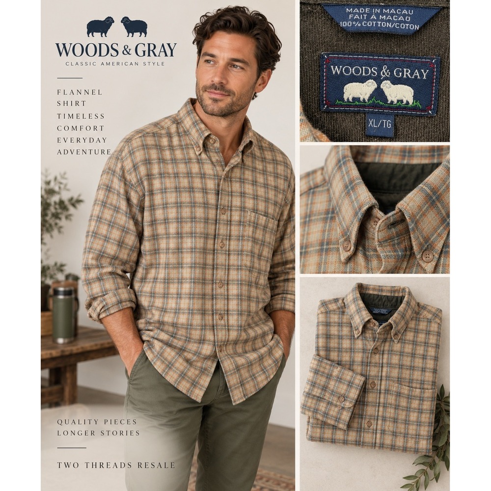 VTG Woods & Gray Plaid Flannel Shirt Tan Brown Cotton XL Fall Layering Cabincore